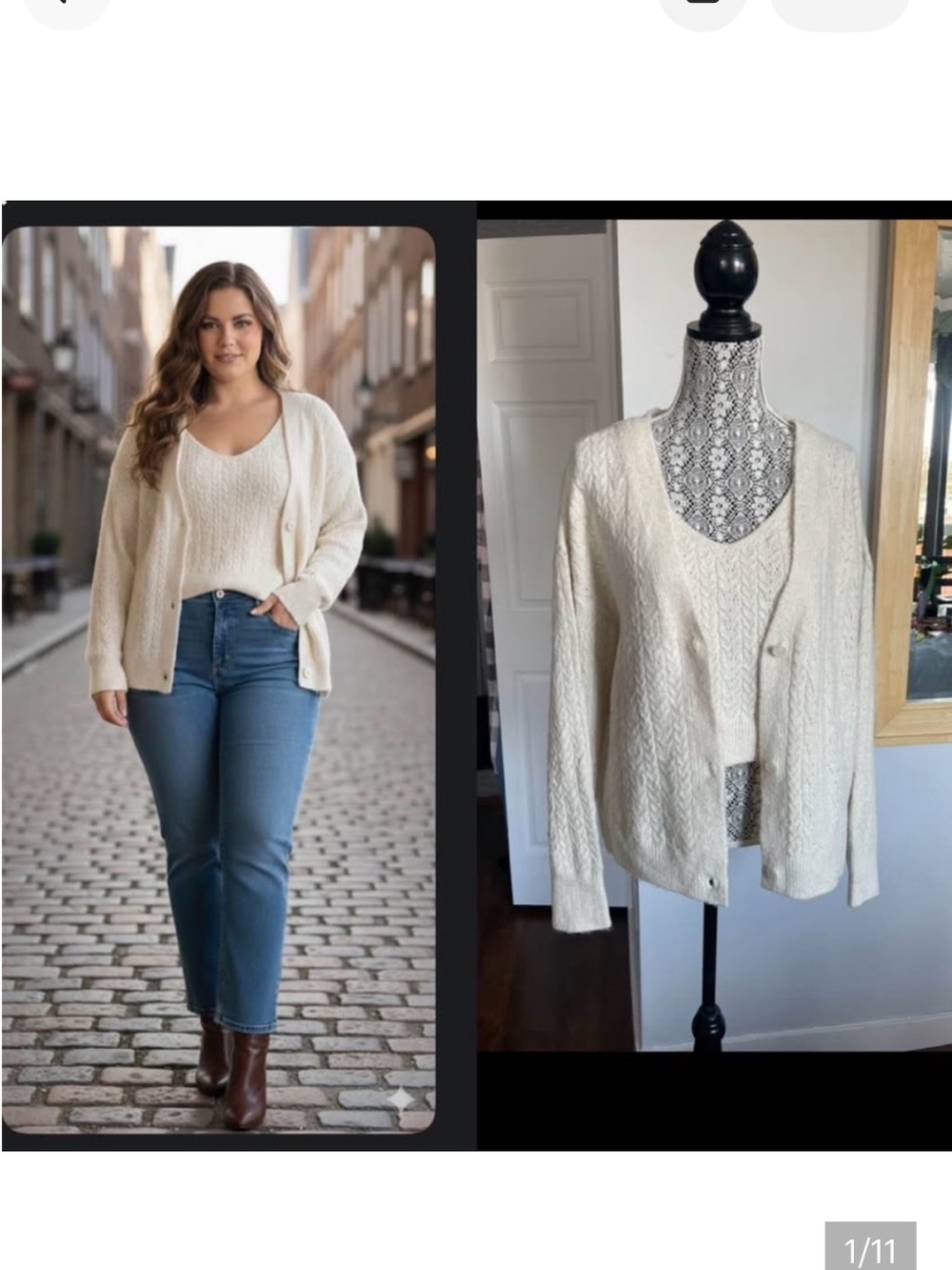 New XL 2-Piece Set Cable Knit Matching Set. Ivory With Gold Flecks.